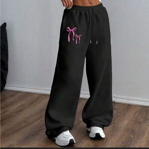 Shein Black Women's Wide-Leg Joggers with Pink Bow Detail Size XL Brand New